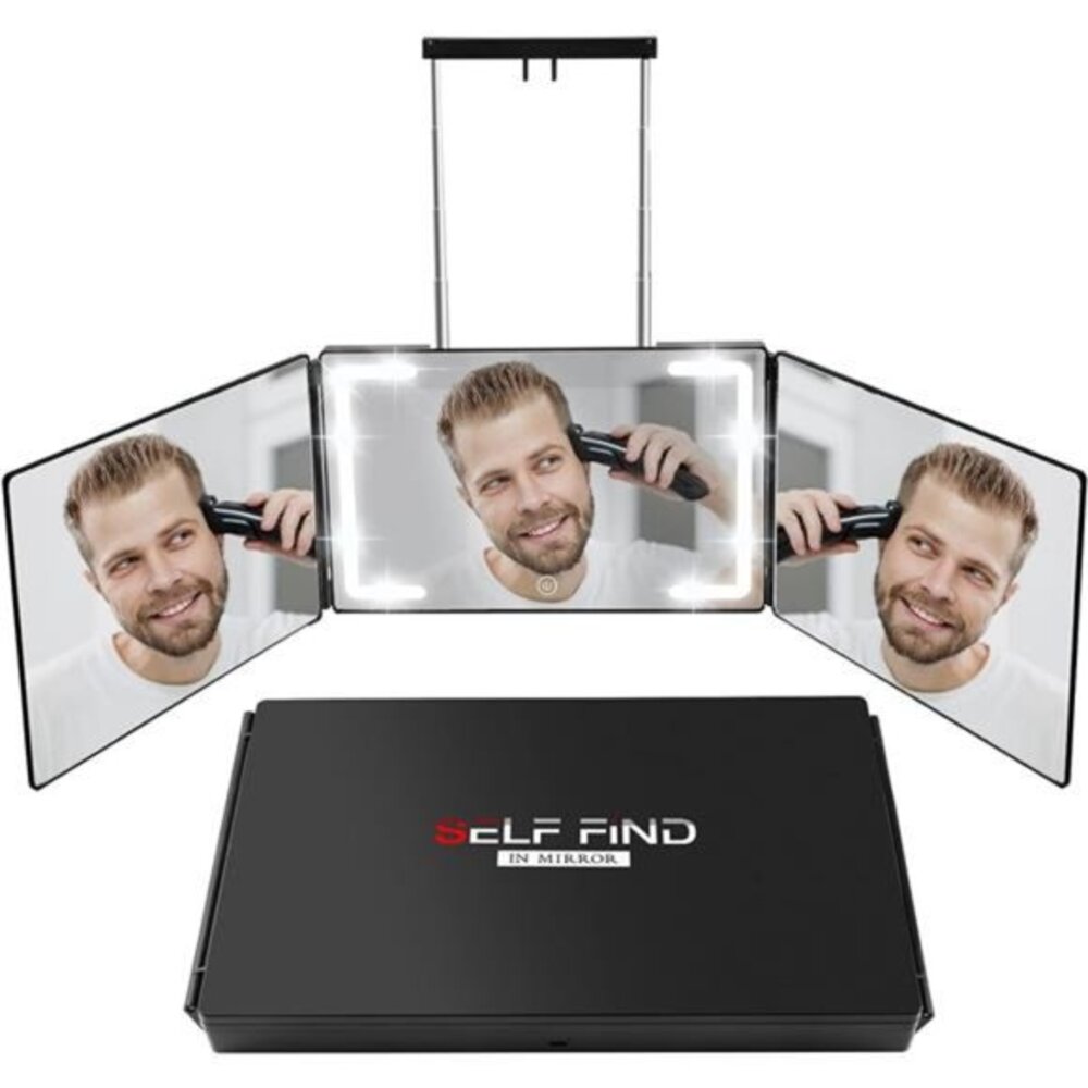Self Find-3 Way Mirror for Self Hair Cutting w/Ring Light Rechargeable 360Mirror